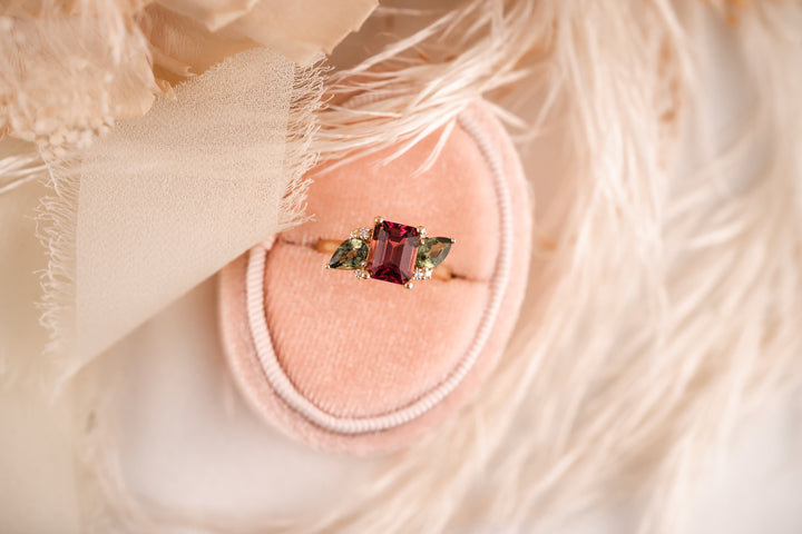 The Fleur 2 CT Emerald Cut Rubellite Tourmaline + Green Sapphire Ring