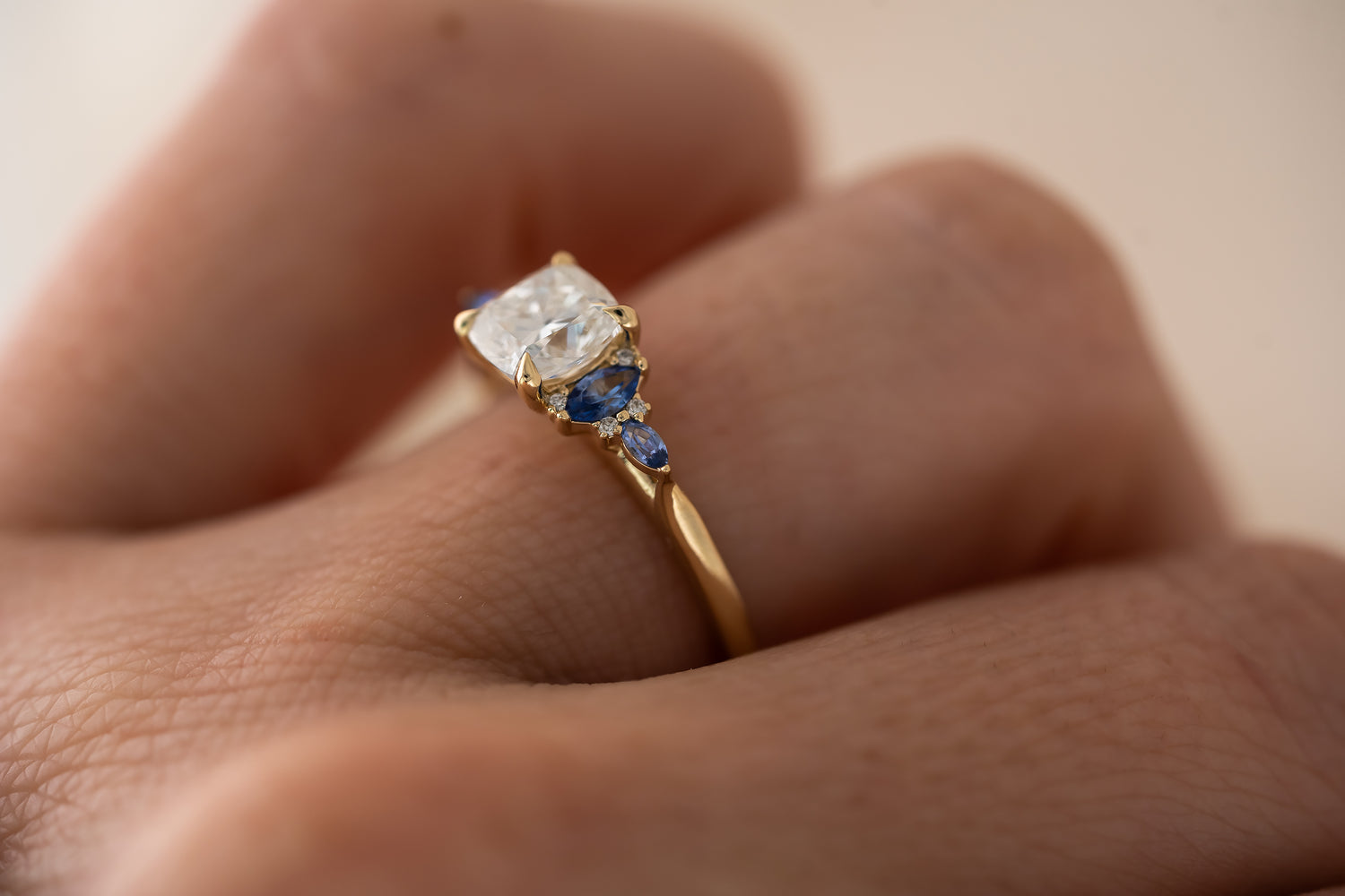 The Maeve Ring - 1.2 CT Cushion Lab Diamond + Royal Blue Sapphire - Lavender Creek Gems 