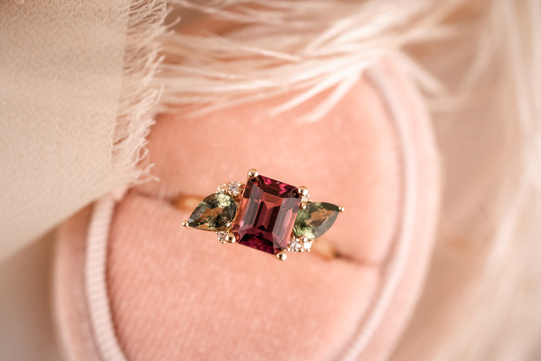 The Fleur 2 CT Emerald Cut Rubellite Tourmaline + Green Sapphire Ring