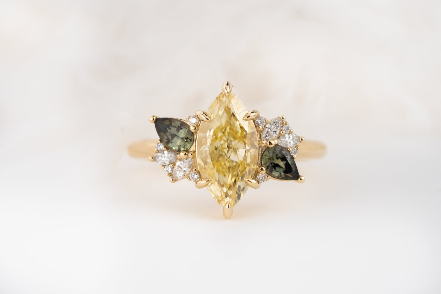 The Fleur Ring | 2.03 CT Marquise Yellow Diamond + Dark Green Sapphire - Lavender Creek Gems 