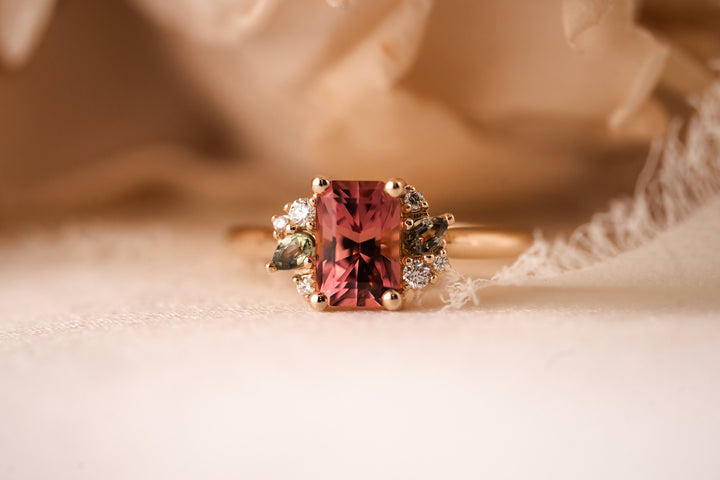 The Fleur 1.48 CT Radiant Pink Tourmaline + Green Sapphire Ring