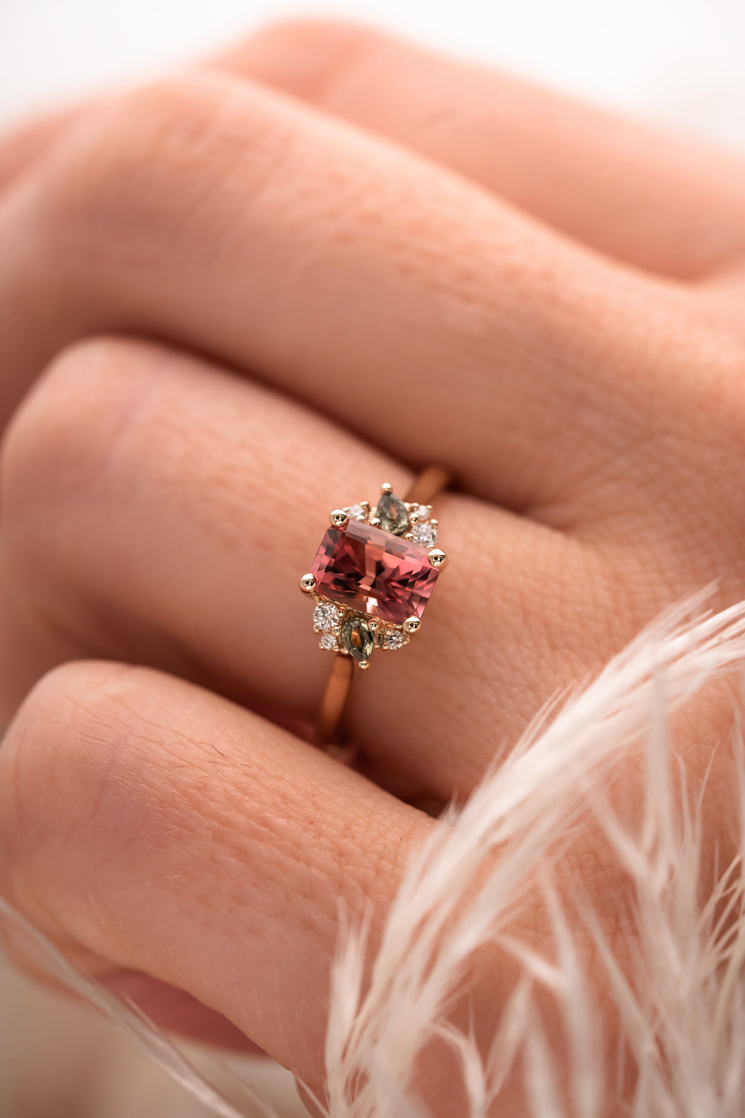 The Fleur 1.48 CT Radiant Pink Tourmaline + Green Sapphire Ring