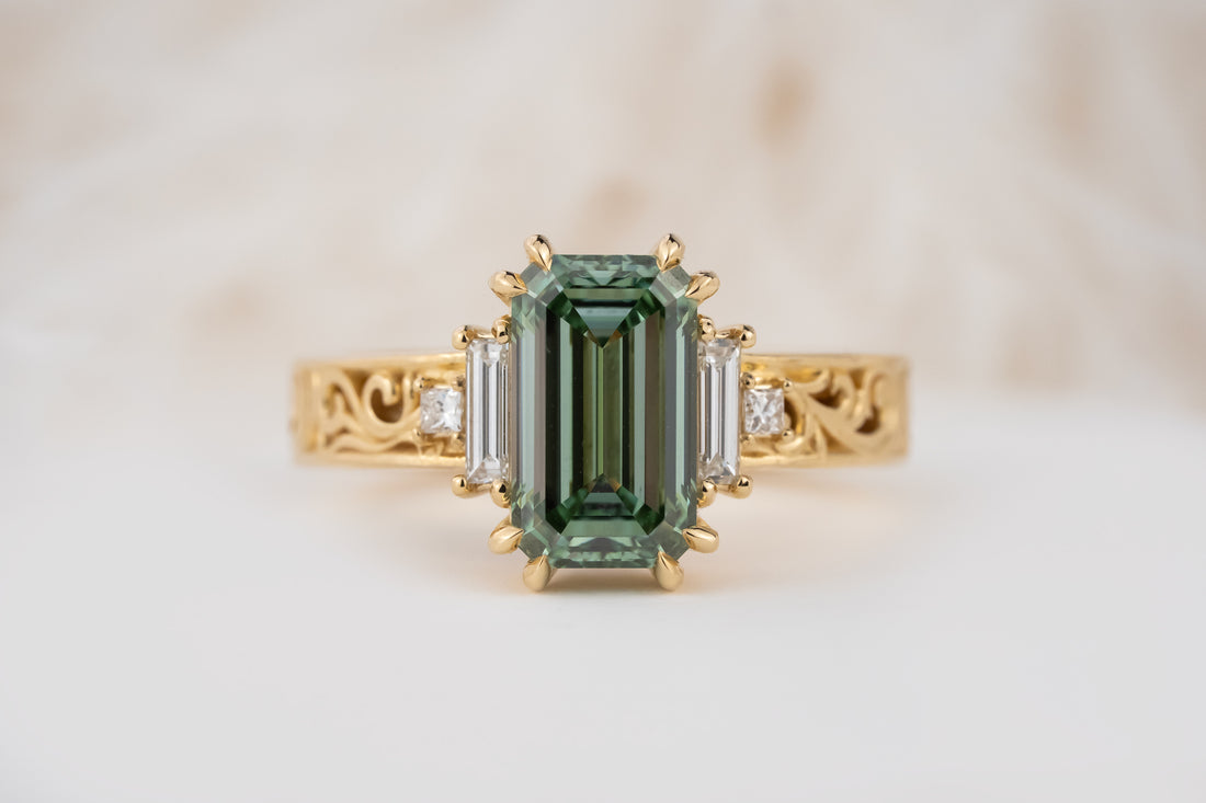 The Gilded Mira Ring | 2.6 CT Emerald Cut Green Diamond - Lavender Creek Gems 