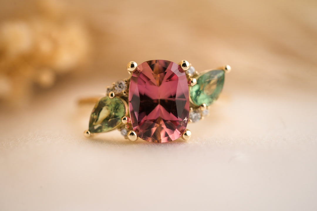 The Fleur 2.86 CT Oval Pink Tourmaline + Green Sapphire Ring