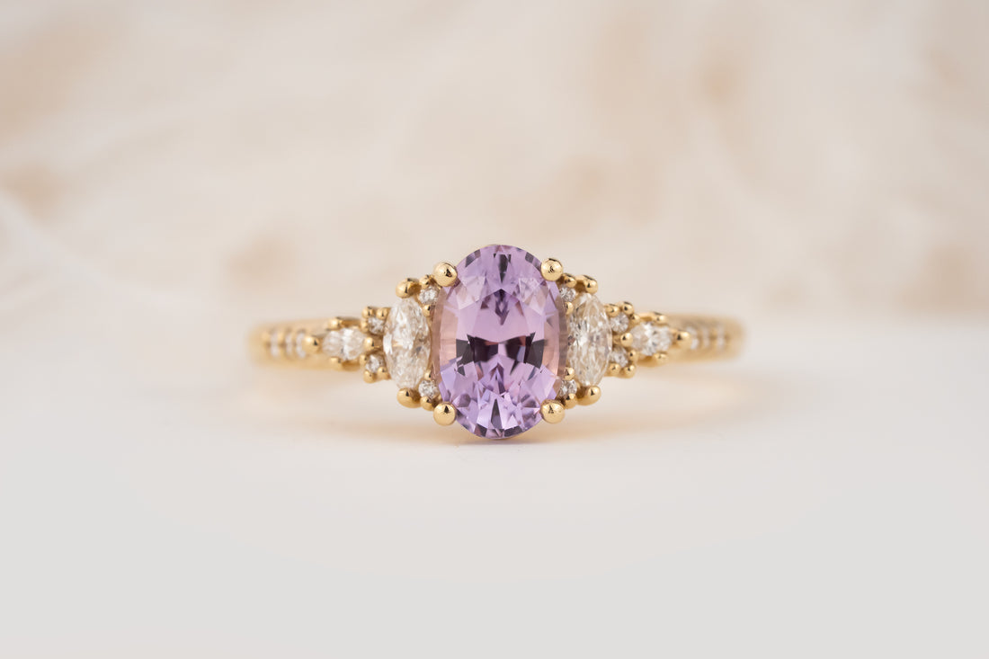The Maeve Ring | 1.24 Oval Lavender Sapphire Maeve | Accented Shank - Lavender Creek Gems 