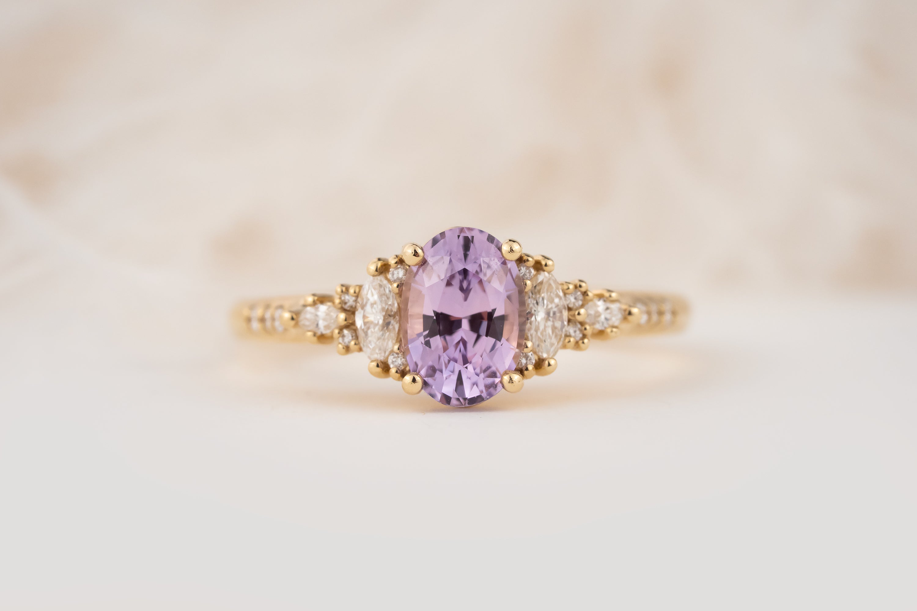 The Maeve Ring | 1.24 Oval Lavender Sapphire Maeve | Accented Shank - Lavender Creek Gems 