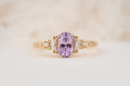 The Maeve Ring | 1.24 Oval Lavender Sapphire Maeve | Accented Shank - Lavender Creek Gems 