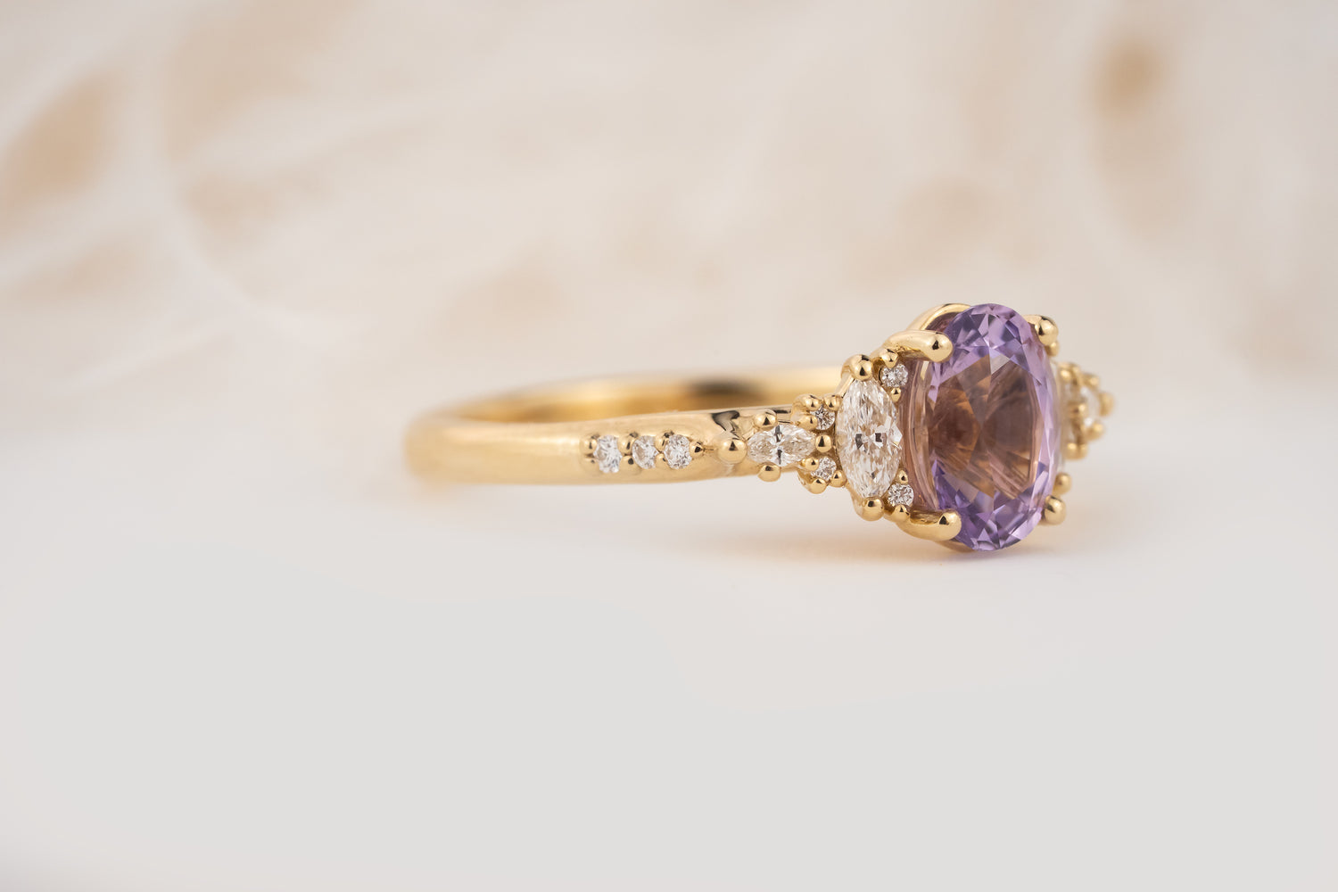 The Maeve Ring | 1.24 Oval Lavender Sapphire Maeve | Accented Shank - Lavender Creek Gems 