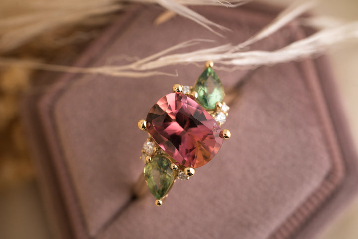The Fleur 2.86 CT Oval Pink Tourmaline + Green Sapphire Ring