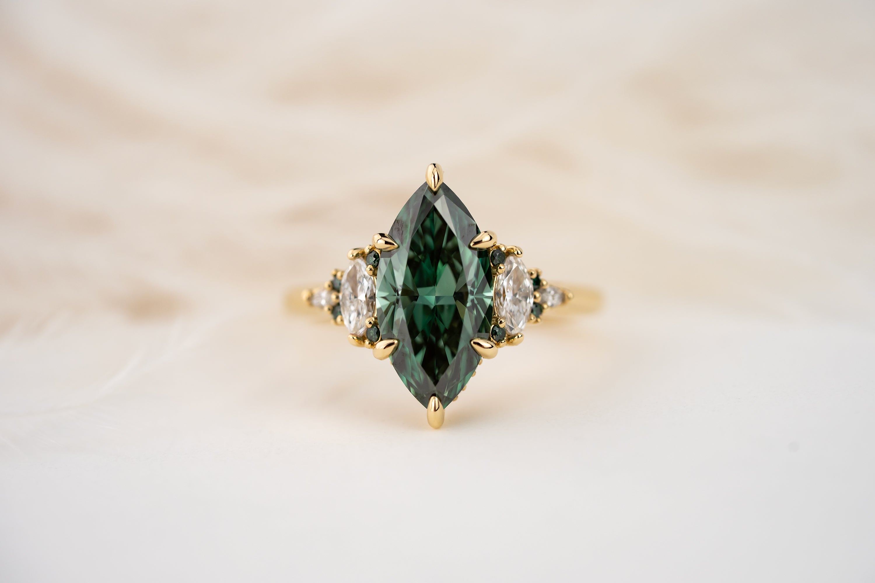 The Low Maeve Ring | 2.65 CT Marquise Green Diamond + Diamond Hidden Halo - Lavender Creek Gems 