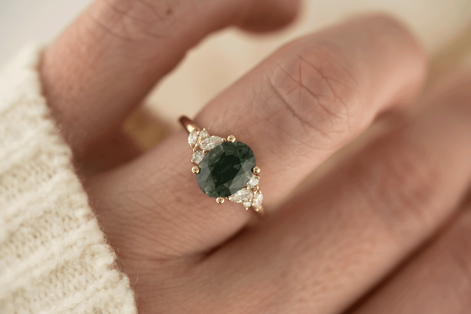 The Laurel Ring | 3.06 CT Oval Teal Green Sapphire