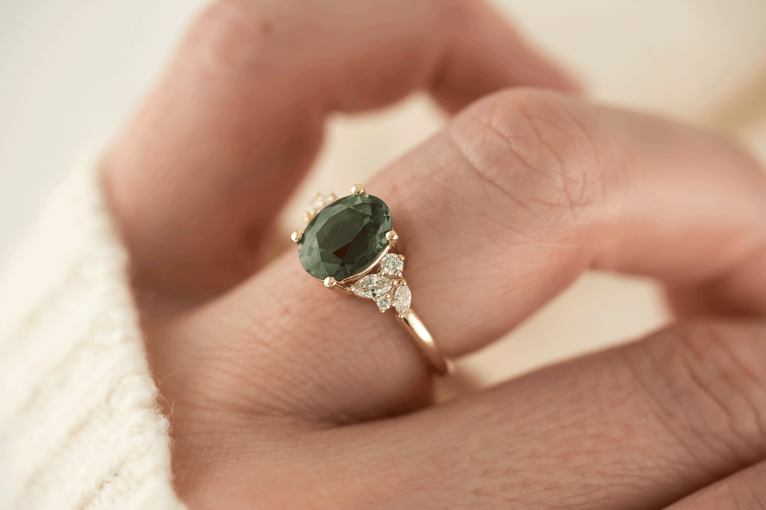 The Laurel Ring | 3.06 CT Oval Teal Green Sapphire