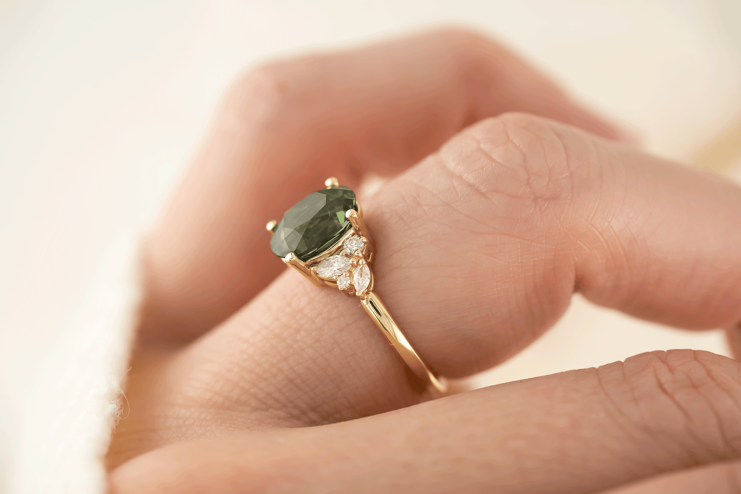 The Laurel Ring | 3.06 CT Oval Teal Green Sapphire