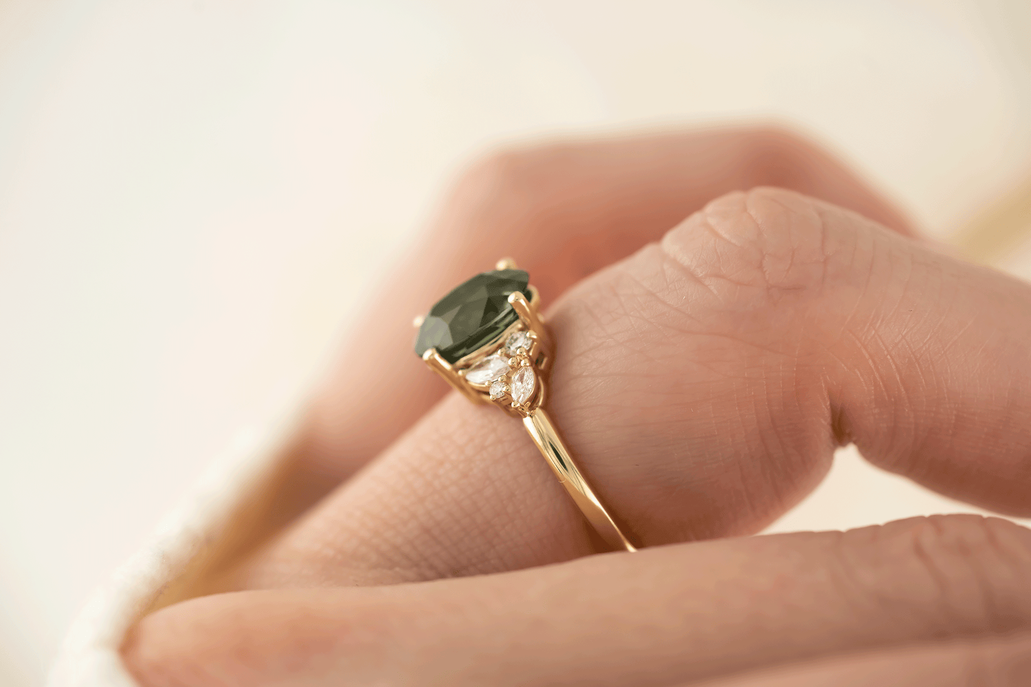 The Laurel Ring | 3.06 CT Oval Teal Green Sapphire