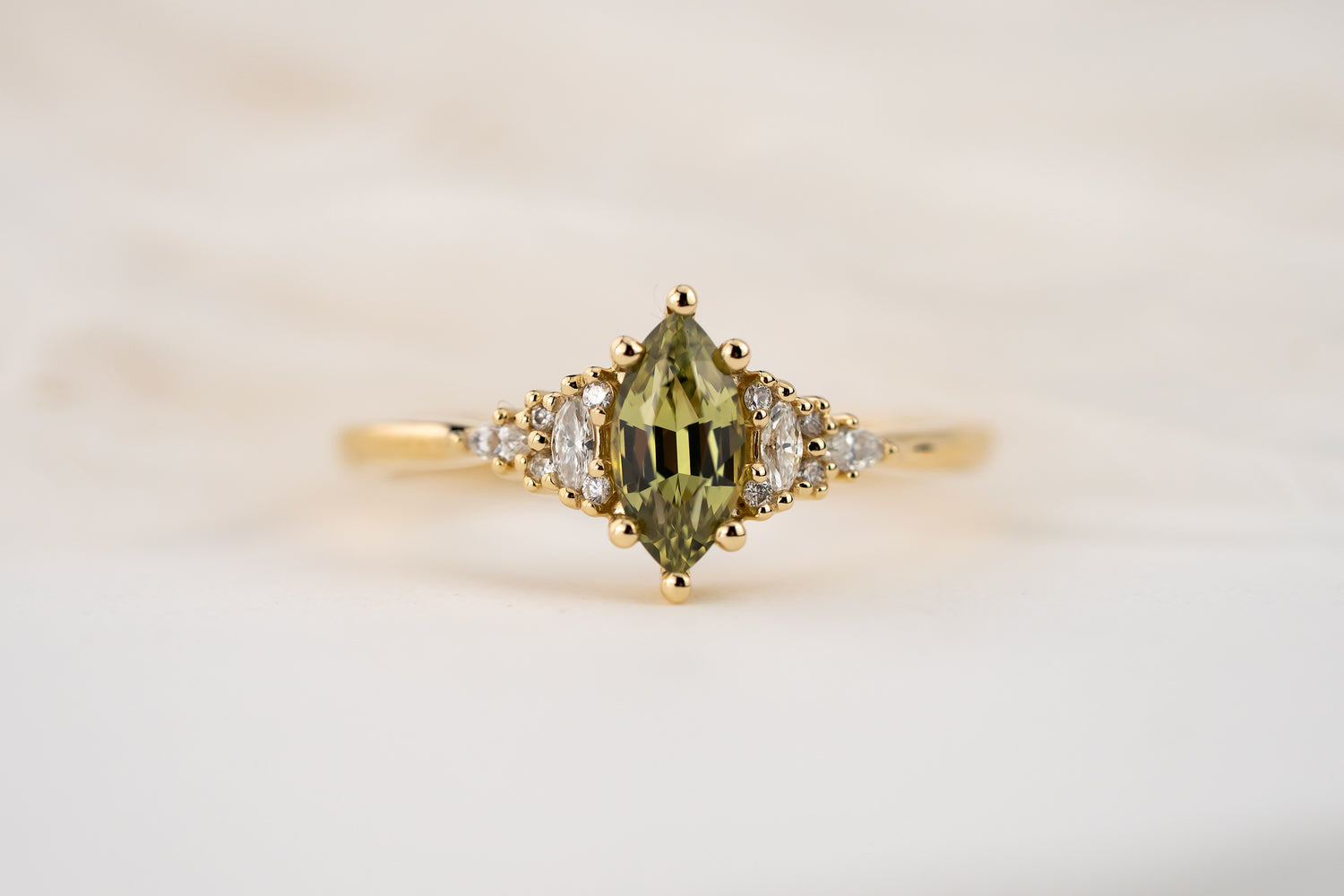 The Mini Maeve Ring | 0.69 CT Marquise Cut Light Green Sapphire - Lavender Creek Gems 