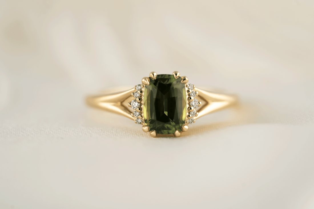The Serendipity Ring | 1.56 CT Cushion Green Sapphire - Lavender Creek Gems
