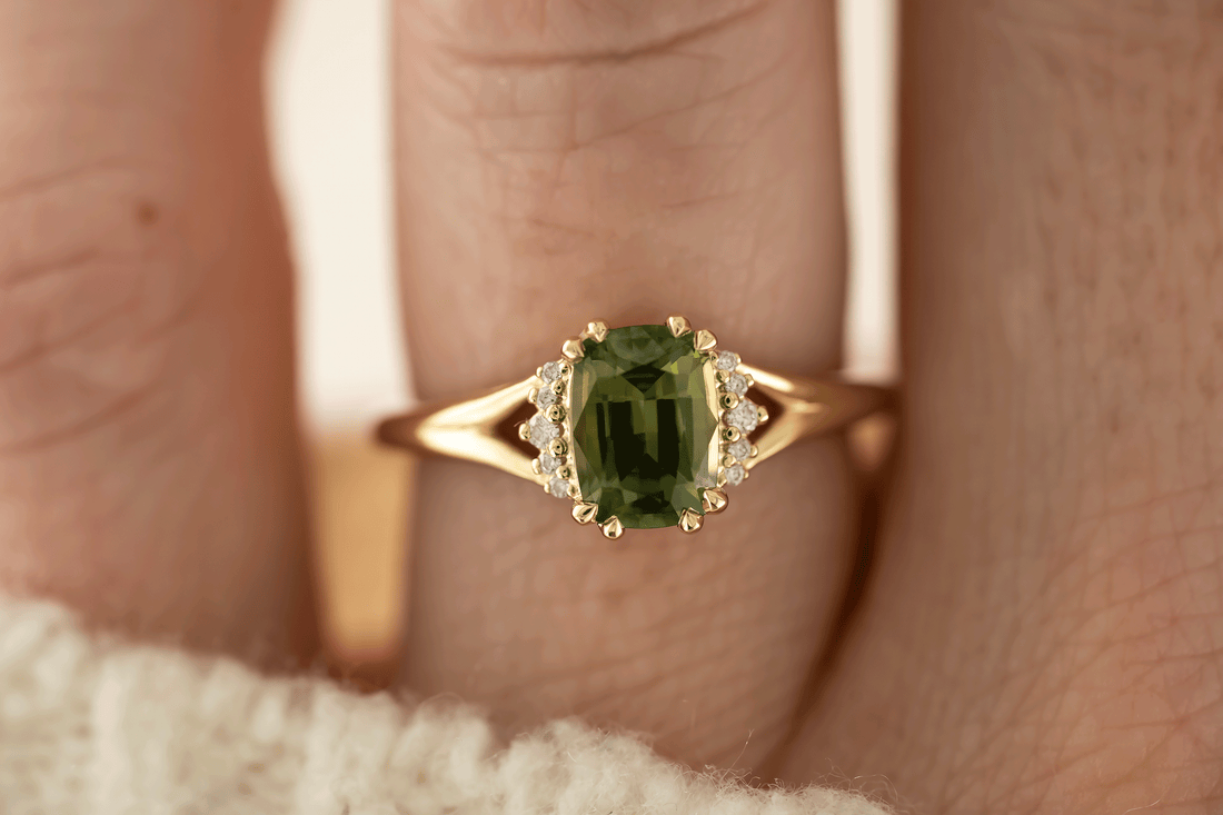 The Serendipity Ring | 1.56 CT Cushion Green Sapphire - Lavender Creek Gems