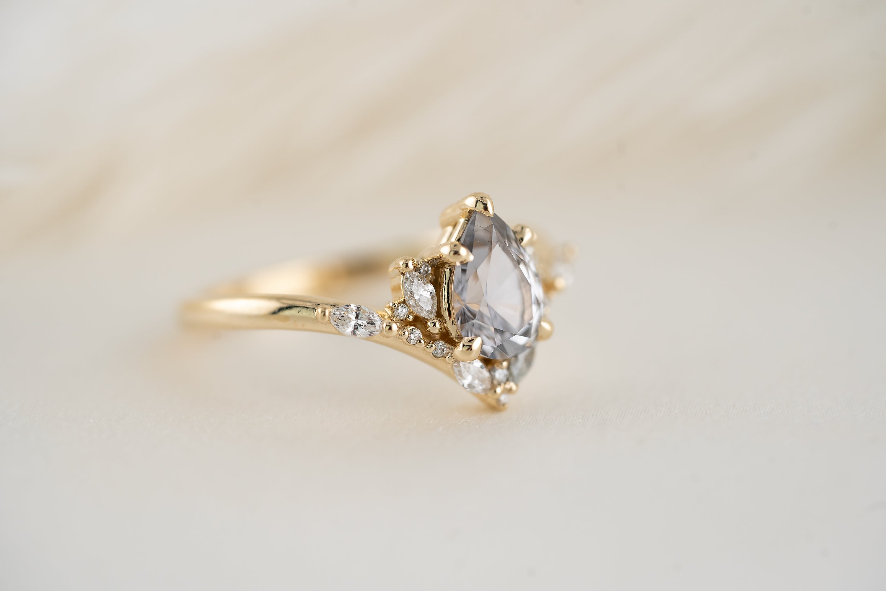 The Aurora Ring | 1.24 CT Pear Cut Pastel Gray/Blue Sapphire - Lavender Creek Gems 
