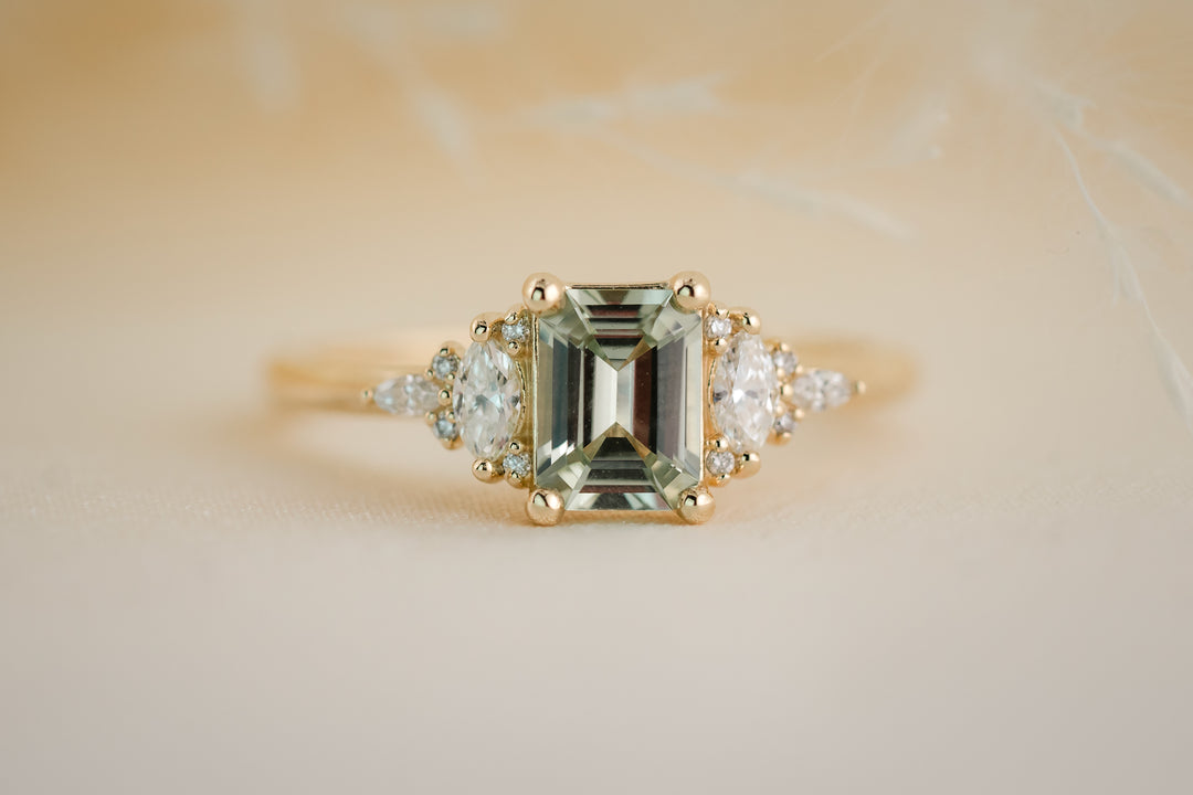 The Maeve 0.9 CT Emerald Cut Steel Blue/Green Sapphire Ring