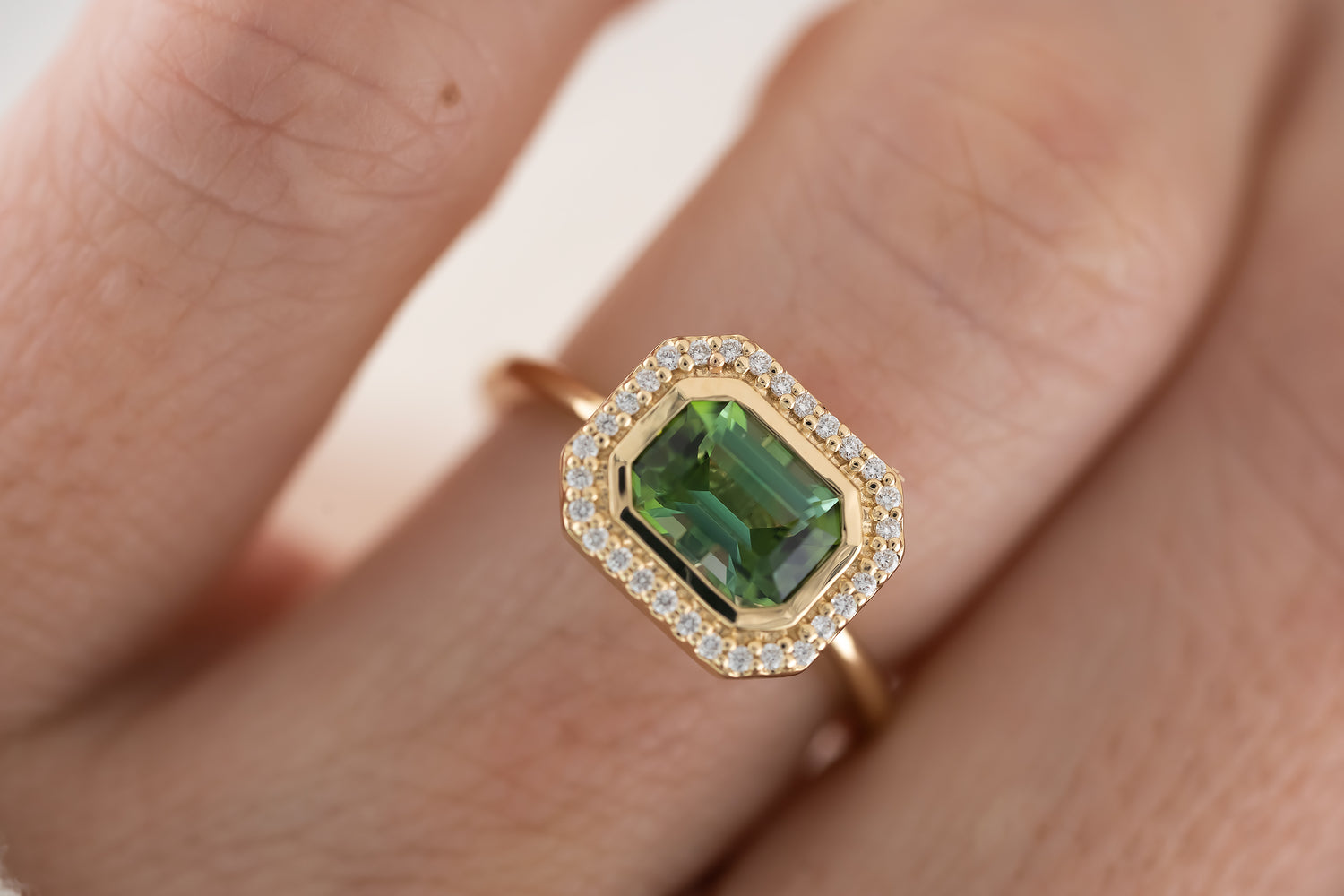 The Gardenia Ring - 1.44 CT Emerald Cut Apple Green Tourmaline - Lavender Creek Gems 