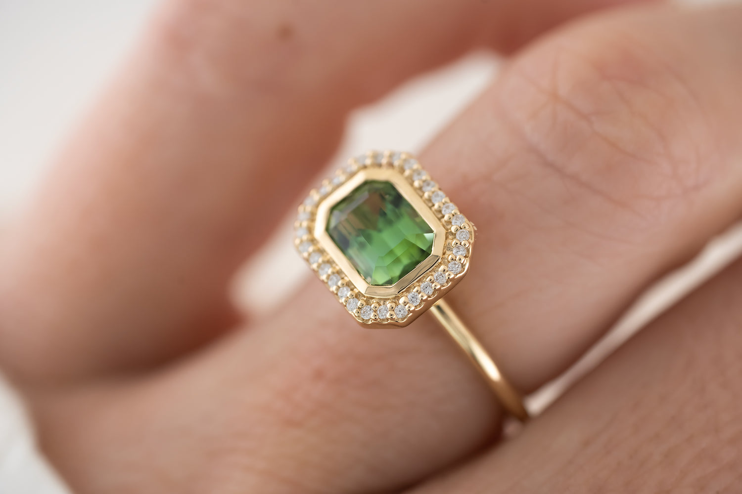 The Gardenia Ring - 1.44 CT Emerald Cut Apple Green Tourmaline - Lavender Creek Gems 