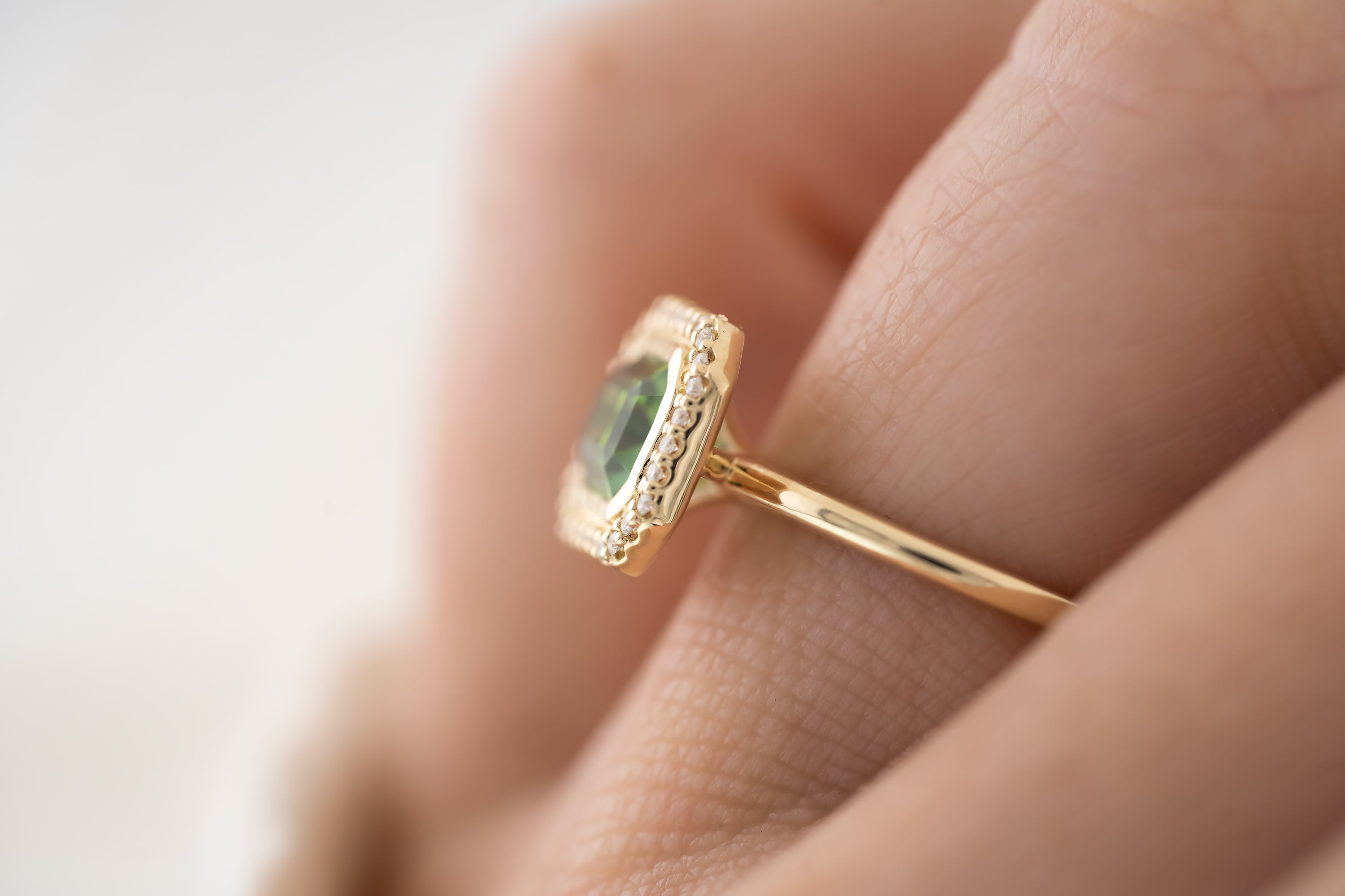 The Gardenia Ring - 1.44 CT Emerald Cut Apple Green Tourmaline - Lavender Creek Gems 