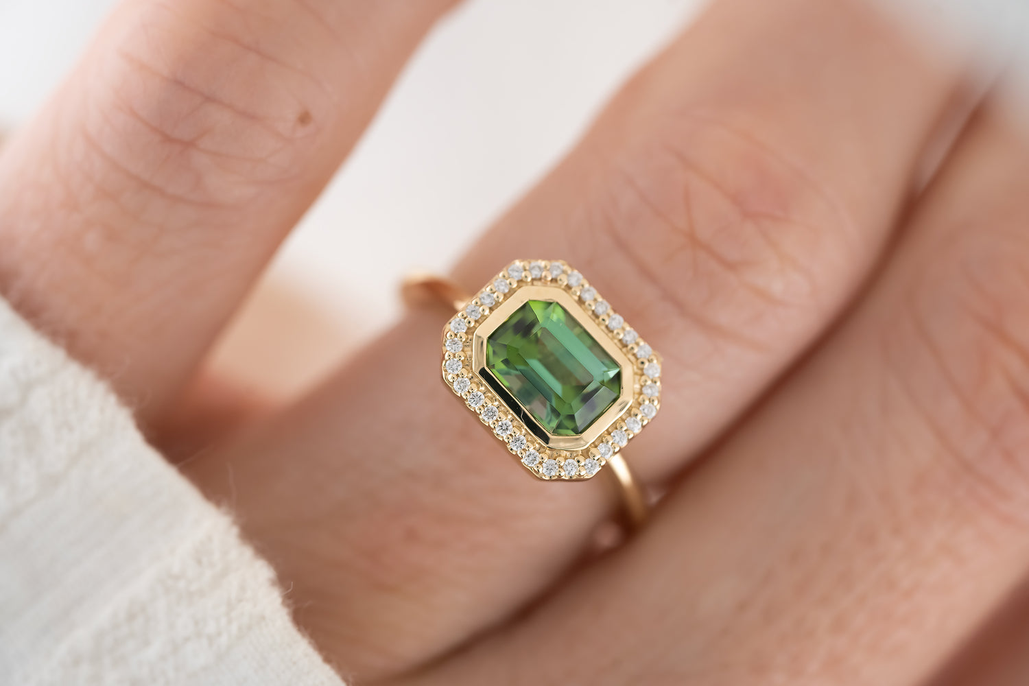 The Gardenia Ring - 1.44 CT Emerald Cut Apple Green Tourmaline - Lavender Creek Gems 