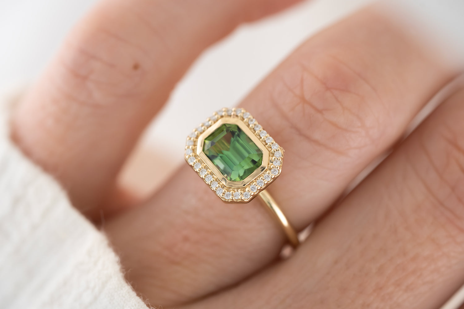 The Gardenia Ring - 1.44 CT Emerald Cut Apple Green Tourmaline - Lavender Creek Gems 