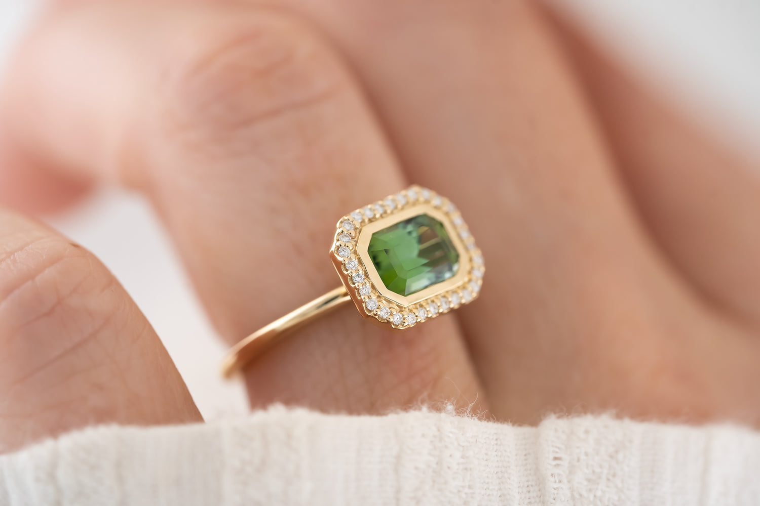 The Gardenia Ring - 1.44 CT Emerald Cut Apple Green Tourmaline - Lavender Creek Gems 