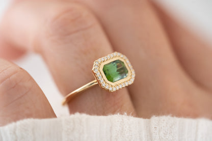 The Gardenia Ring - 1.44 CT Emerald Cut Apple Green Tourmaline - Lavender Creek Gems 
