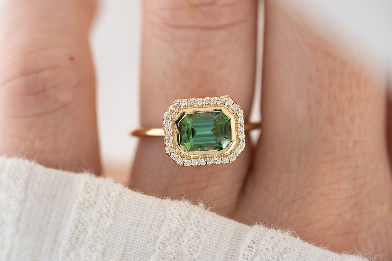 The Gardenia Ring - 1.44 CT Emerald Cut Apple Green Tourmaline - Lavender Creek Gems 