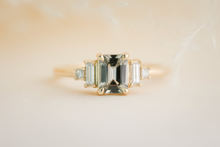 The Mira 0.87 CT Emerald Cut Steel Blue/Green Sapphire Ring