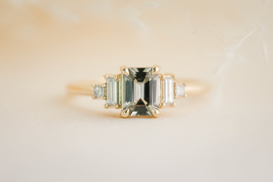 The Mira 0.87 CT Emerald Cut Steel Blue/Green Sapphire Ring - Lavender Creek Gems 