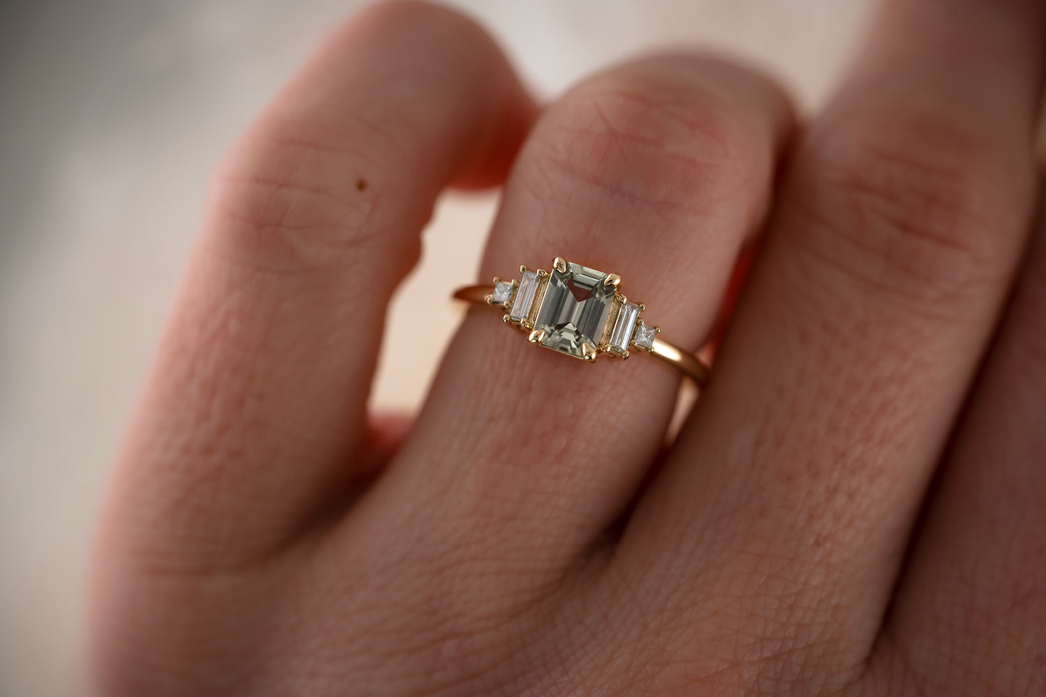 The Mira 0.87 CT Emerald Cut Steel Blue/Green Sapphire Ring - Lavender Creek Gems 