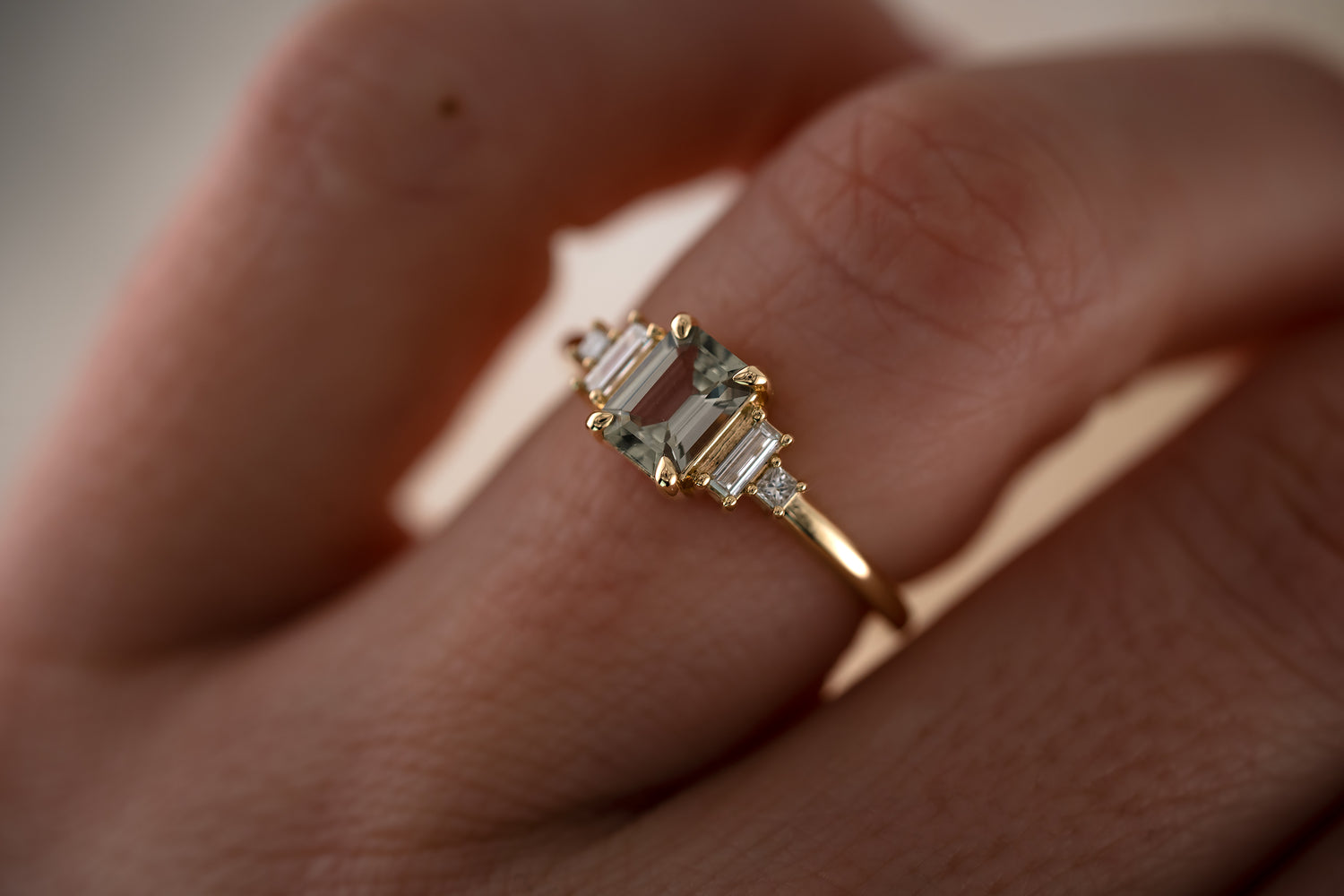 The Mira 0.87 CT Emerald Cut Steel Blue/Green Sapphire Ring - Lavender Creek Gems 