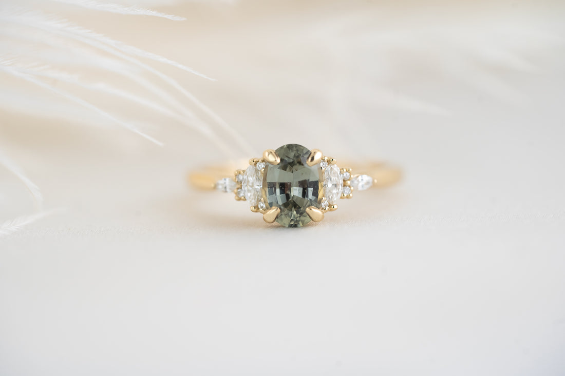 The Maeve Ring  - 1.2 CT Oval Steel Gray/Blue Green Sapphire - Lavender Creek Gems