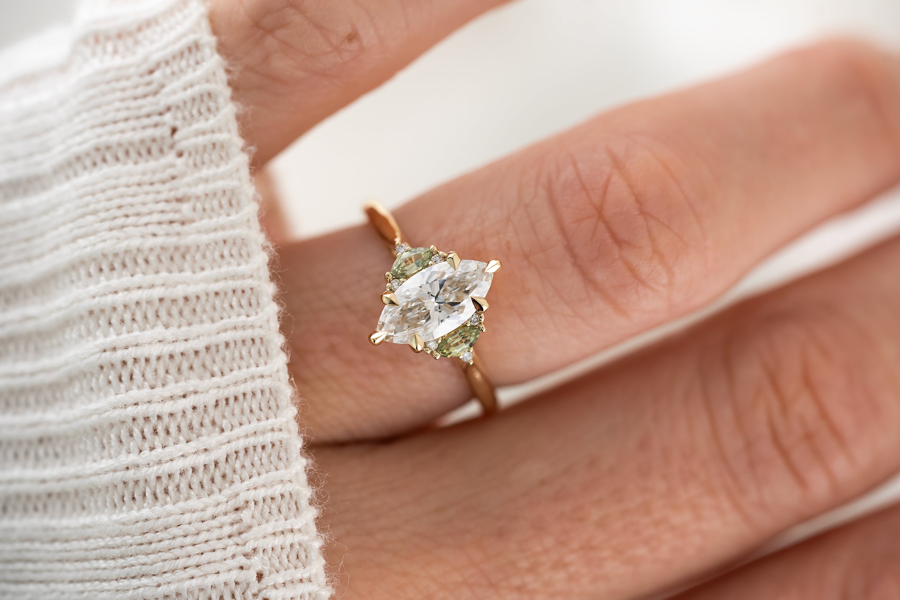 The Maren Ring | 1.1 CT Marquise Diamond &amp; Green Sapphire Accents - Lavender Creek Gems 