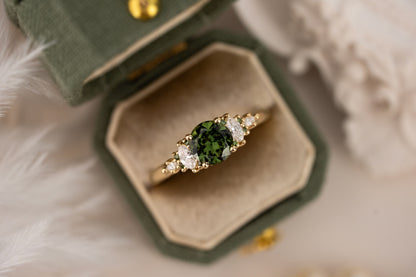The Maeve Ring | 1.07 CT Round Green Sapphire + Dark Green Diamond Hidden Halo - Lavender Creek Gems 