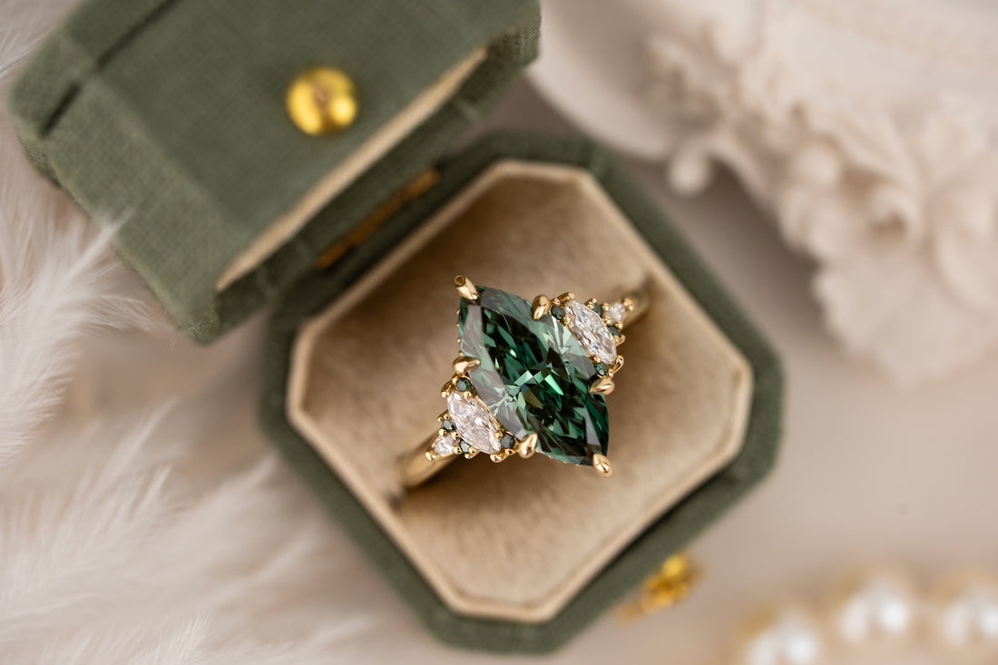 The Low Maeve Ring | 2.65 CT Marquise Green Diamond + Diamond Hidden Halo - Lavender Creek Gems 