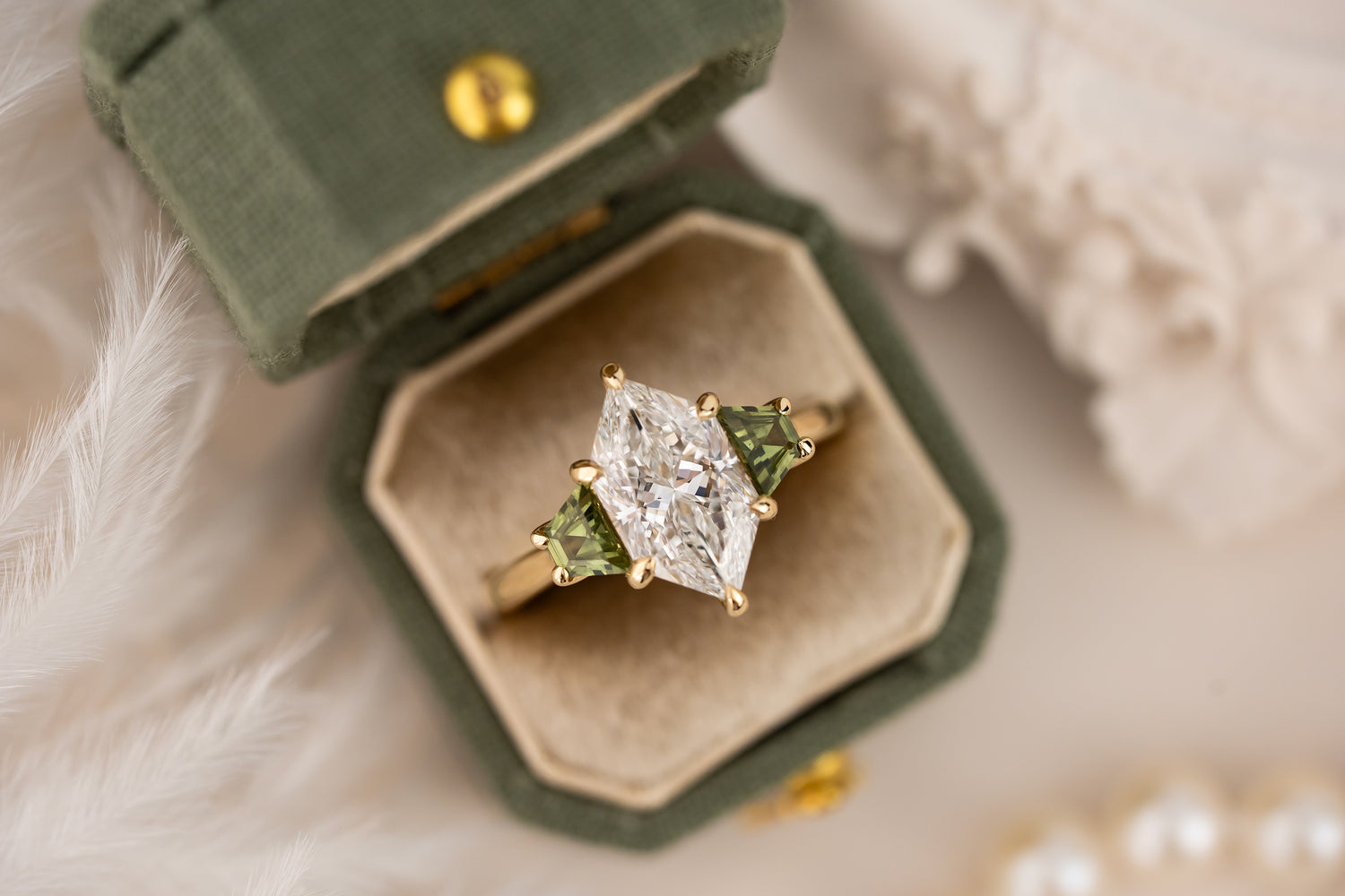 The Tria Ring | 2.4 CT Dutch Marquise Diamond + Green Sapphire - Lavender Creek Gems 