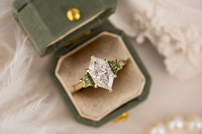 The Tria Ring | 2.4 CT Dutch Marquise Diamond + Green Sapphire - Lavender Creek Gems 