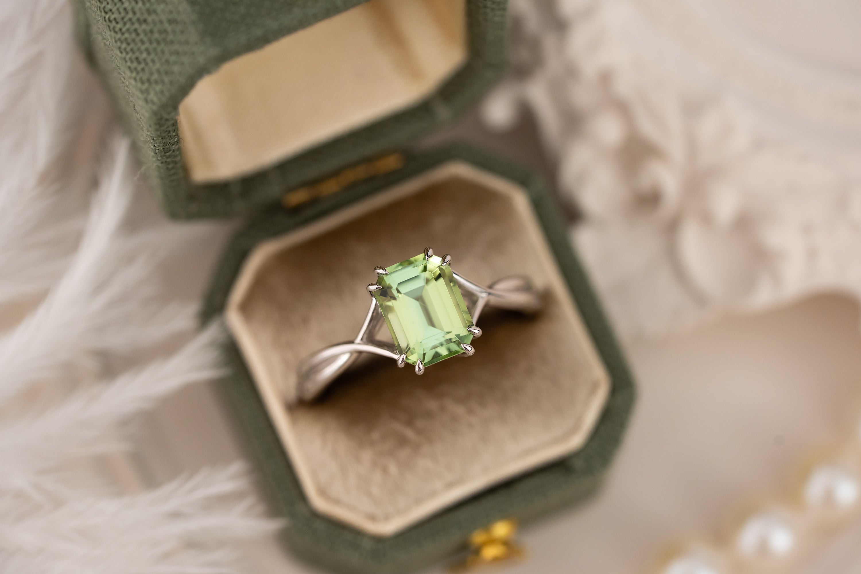 The Fates Ring | 1.78 CT Emerald Cut Green Tourmaline - Lavender Creek Gems 