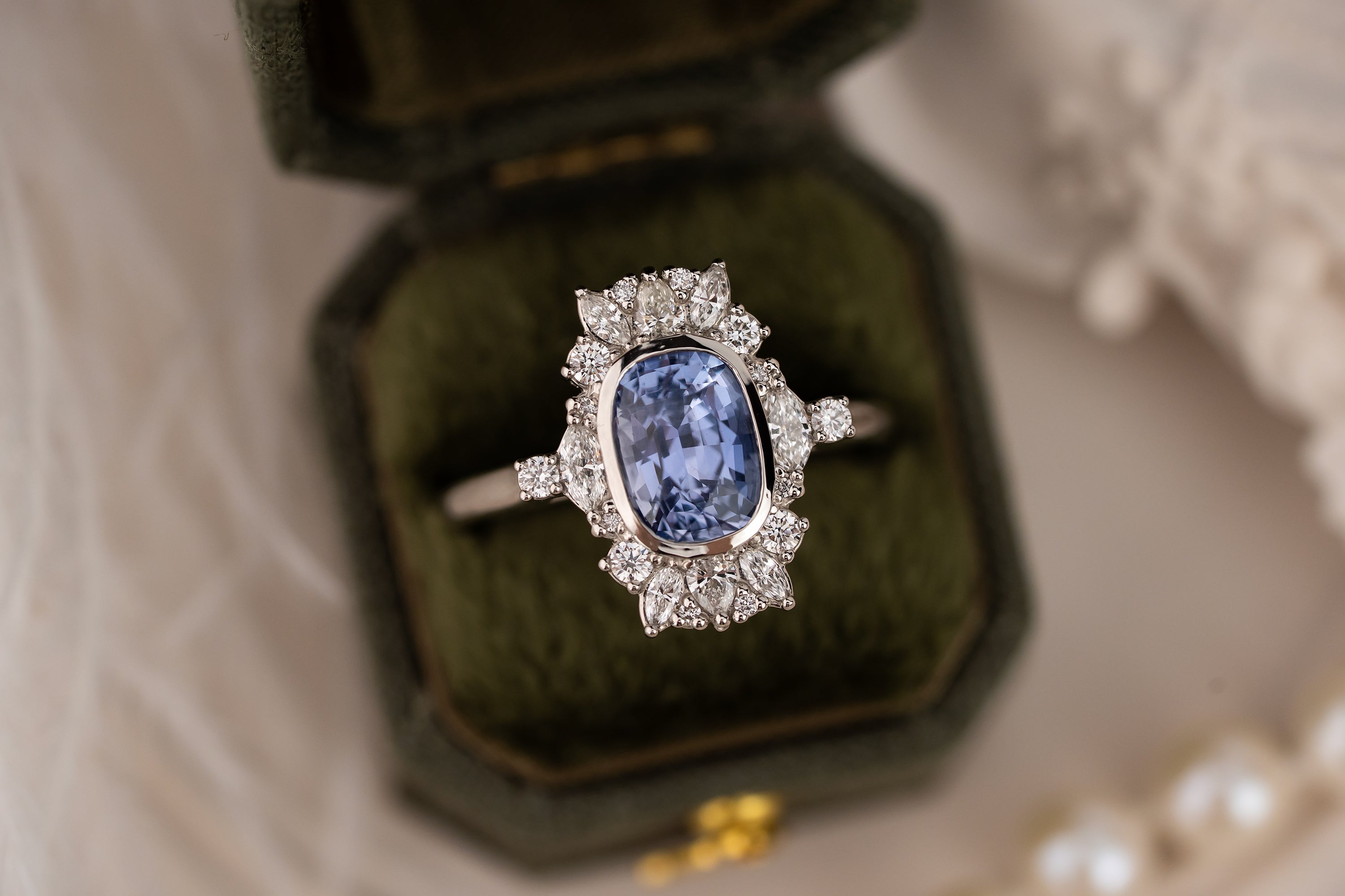 The Lace Ring | 2.04 CT Elongated Cushion Light Blue Sapphire - Lavender Creek Gems 