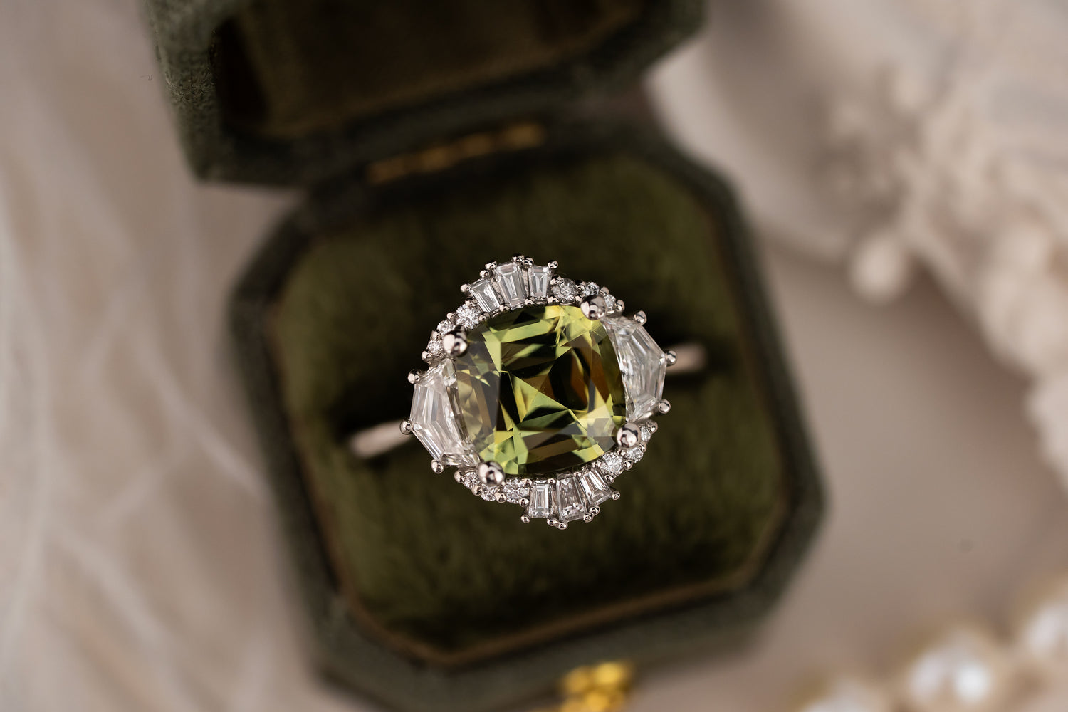 The Yara Ring | 3.4 CT Cushion Green Montana Sapphire - Lavender Creek Gems 