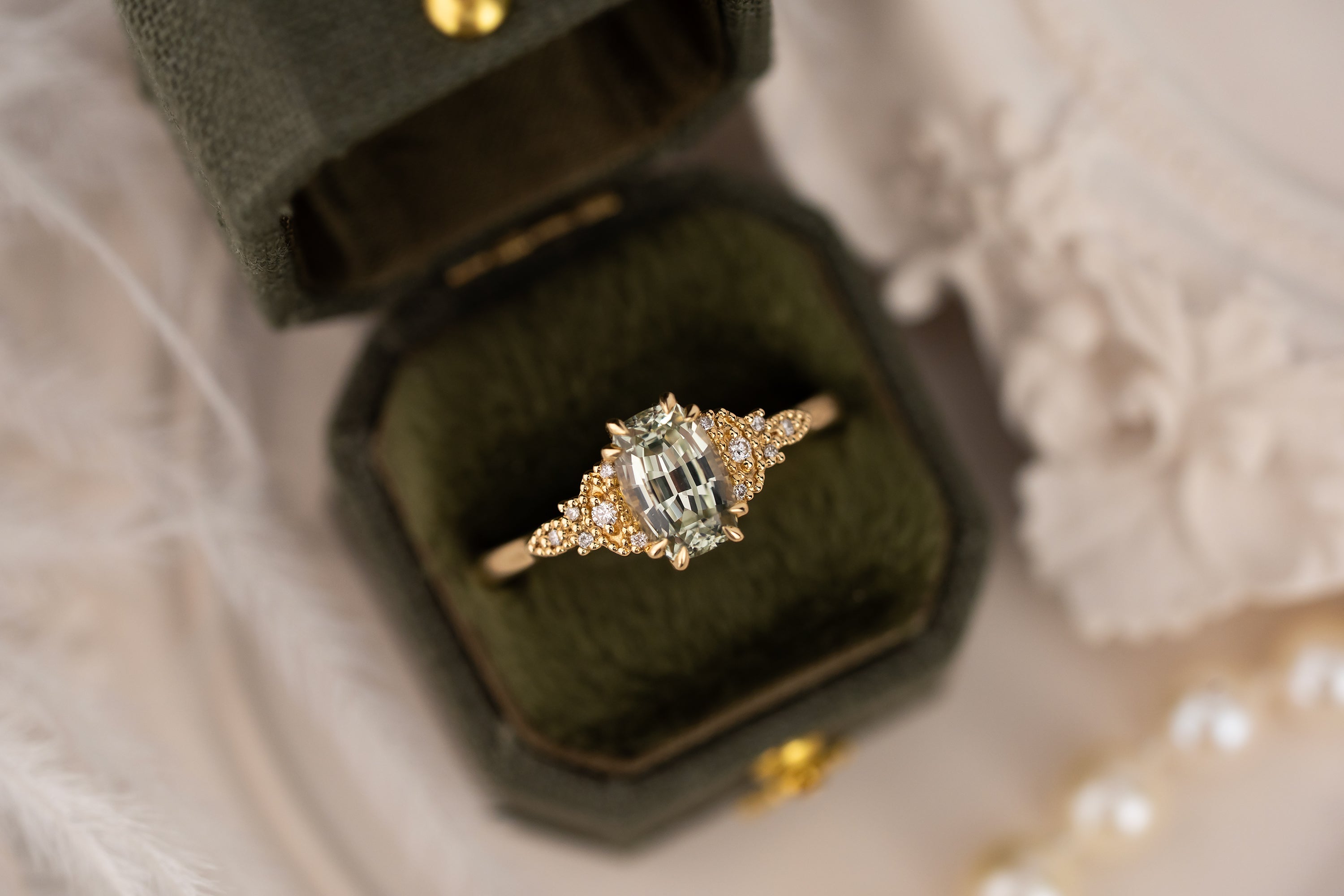 The Art Deco Maeve Ring | 1.55 CT Elongated Cushion Mint Green Sapphire - Lavender Creek Gems 