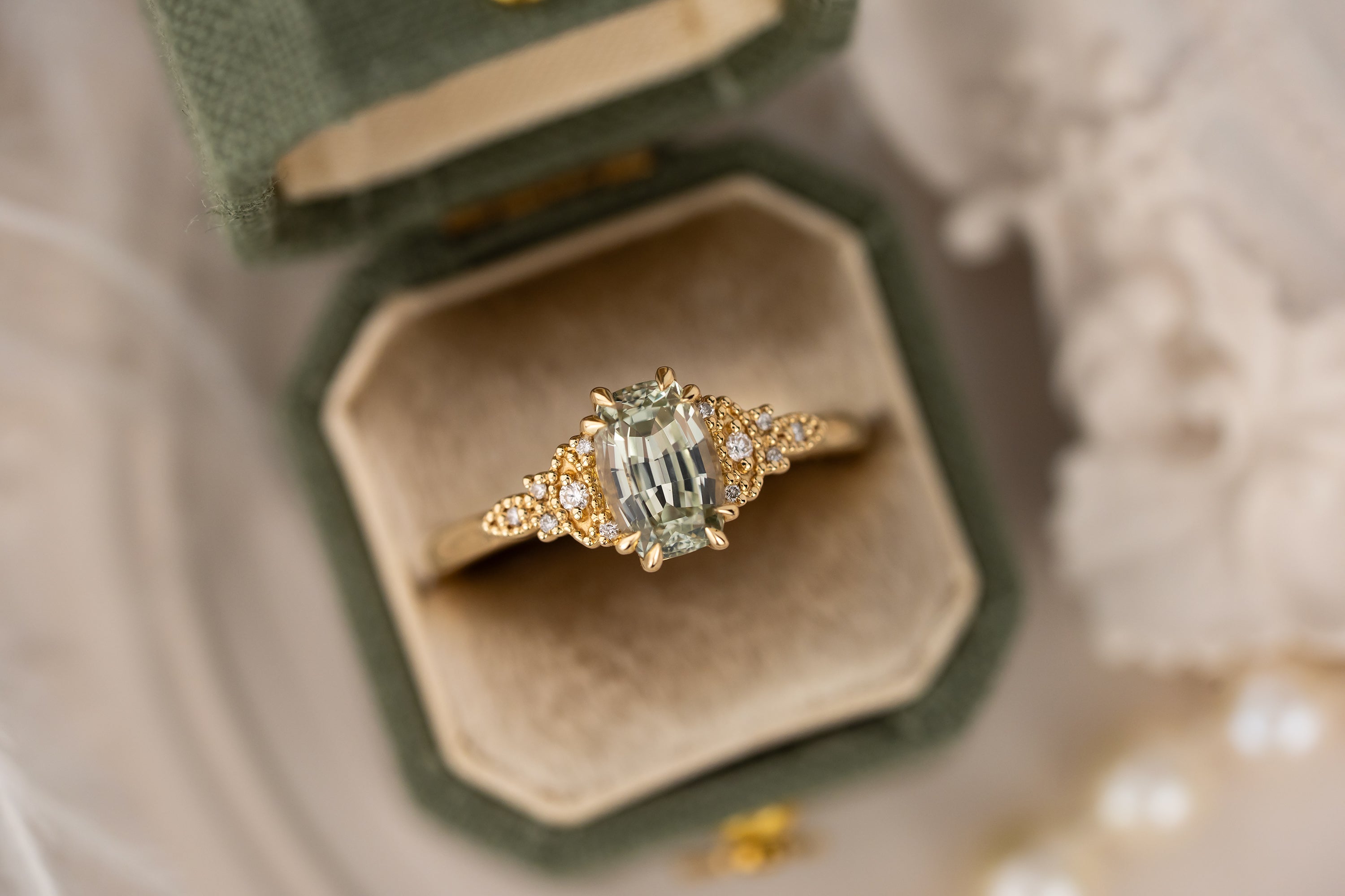 The Art Deco Maeve Ring | 1.55 CT Elongated Cushion Mint Green Sapphire - Lavender Creek Gems 