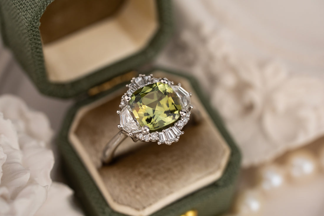 The Yara Ring | 3.4 CT Cushion Green Montana Sapphire - Lavender Creek Gems 