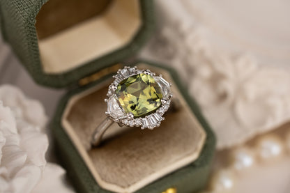 The Yara Ring | 3.4 CT Cushion Green Montana Sapphire - Lavender Creek Gems 