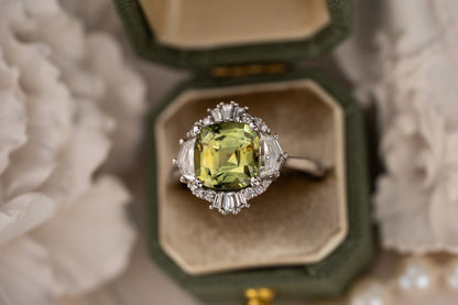 The Yara Ring | 3.4 CT Cushion Green Montana Sapphire - Lavender Creek Gems 