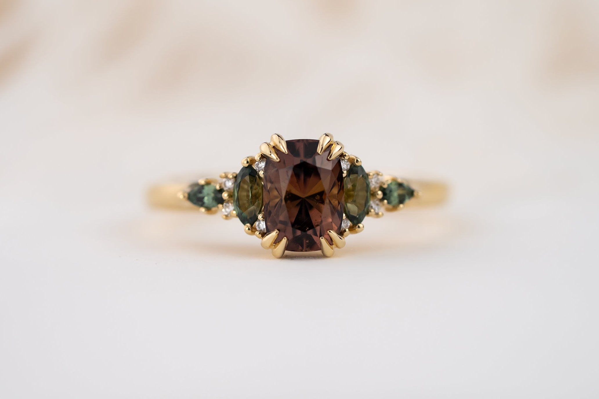 The Maeve Ring | 1.34 CT Elongated Cushion Brown Sapphire + Dark Green Sapphire - Lavender Creek Gems 